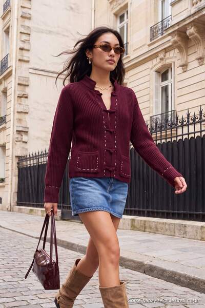 Trendyol Collection Plum Color Block Thick Stand Collar Oversize Mandarin Kni...