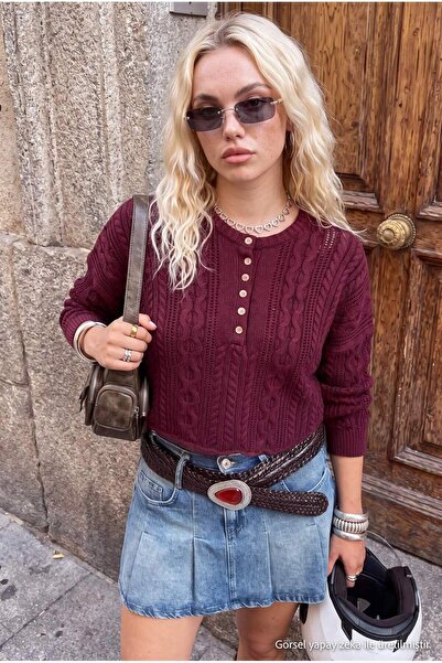 Trendyol Collection Burgundy Hair Weave Wide Fit Crop Knitwear Sweater Twoaw2...