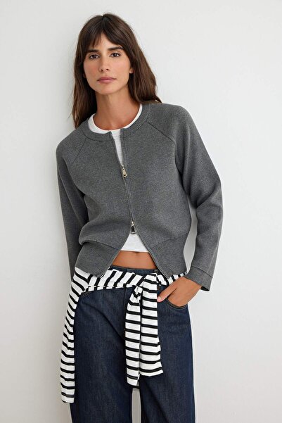 Trendyol Collection Anthracite Soft Raglan Sleeve Bluzan Knitwear Cardigan Tw...