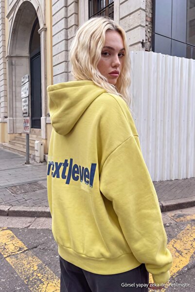 Trendyol Collection Lime Slogan Thick Fleece Lined Oversize/Wide Cut Hooded K...