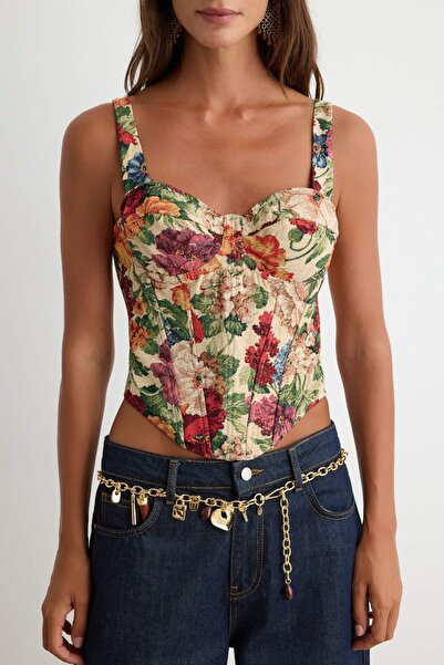 Trendyol Collection Multicolored Floral Jacquard Woven Underwire Bustier Tpra...