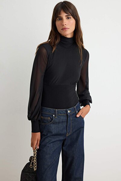 Trendyol Collection Black Tulle Sleeve Detailed High Neck Snap Fastening Stre...