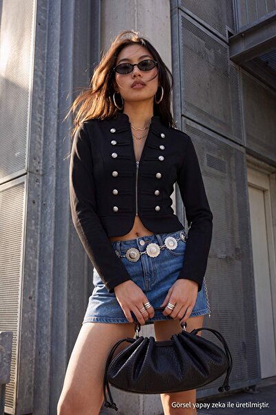 Trendyol Collection Black Plain Napoleone Button Fitted/Crop/Short Long Sleev...