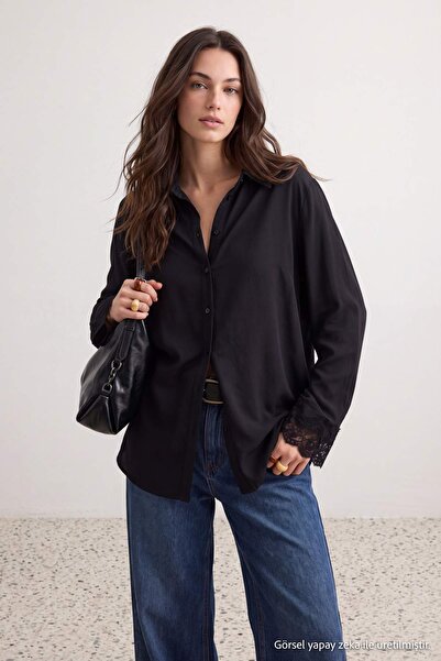 Trendyol Modest Black Cuffed Lace Draped Oversize Shirt Tctaw27Tg00019