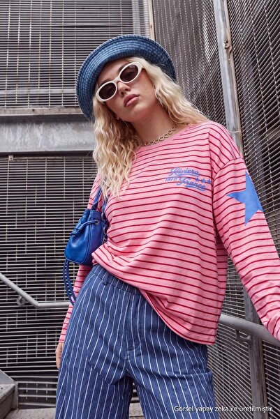 Trendyol Collection Pink Cotton Front and Back Slogan Printed Sleeve Star Pri...