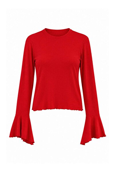 Trendyol Collection بلوزة حمراء محبوكة ناعمة فاخرة مزينة بكشكشة/حافة مكشكشة T...