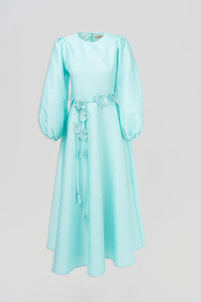 Kayra Rochie din tafta cu aplicatie de flori verde nile