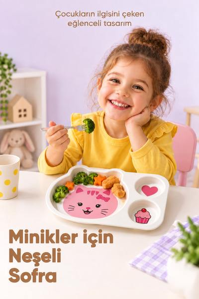 Wumboo 3-Compartment Animal Patterned Melamine Children's Plate - Extra Durable Bpa Free Feeding Plate - Pink Cat