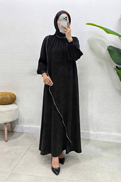 Abiye Diyarı Kadın Krep Kumaş İncili ve Taşlı Nazende Tesettür Elbise
