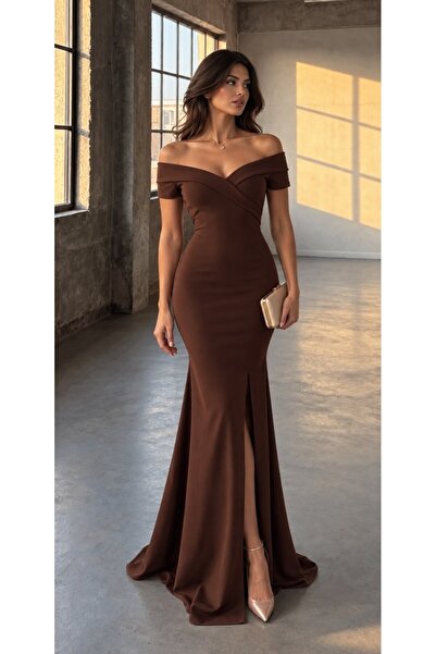 Modafeminen Crepe Fabric Short Sleeve Boat Neckline Slit Detail Maxi Length E...