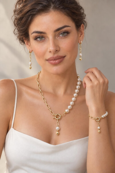 Camellie KY Jewels Marina Crest | Ekru Cam İnci Ataç Zincir Kolye Bileklik Kü...