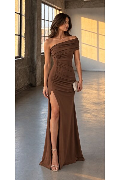 Modafeminen One Shoulder Slit Long Evening Dress Brown 582619