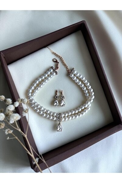 FAYRA ACCESSORIES Zirkon Taşlı Su Damlası Sallantılı Tasma Choker İnci Kolye ...