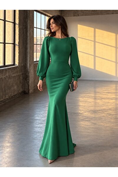 Modafeminen Balon Kol Balık Model Maxi Boy İthal Krep Kumaş Elbise 582744 Zumrut