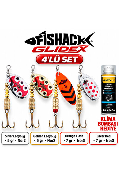Fishack GlideX 4'lü Döner Kaşık Seti + 1 Klima Bombası Hediye - Silver Ladybug 5 gr No:2 + Golden La