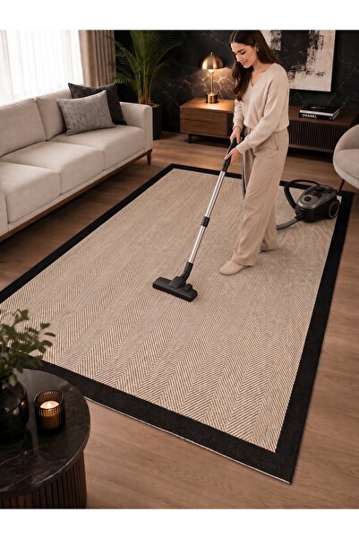 DEKOSET Home Sisal Halı- Bej-Siyah Hol Koridor Halısı- Kaymaz Taban- Yıkanabi...