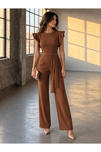 Modafeminen Flounces Sleeve Round Neck Belted Pocket Trend Jumpsuit 582183 Brown