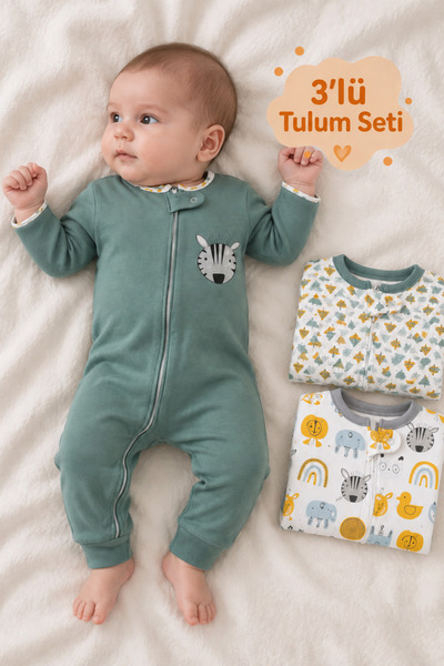 Rocha Baby Rocha Bebek Hayvan Figürlü ve Desenli 3'lü Tulum Seti - Boydan Fer...