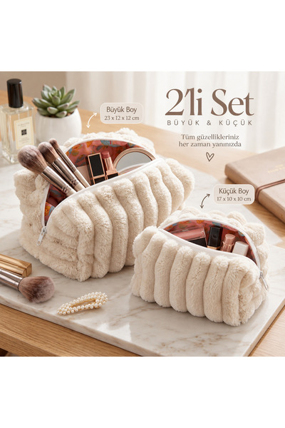 Shopendy Anne & Yavru Peluş Makyaj Çantası Seti – Büyük Boy + Mini Boy Kozmet...