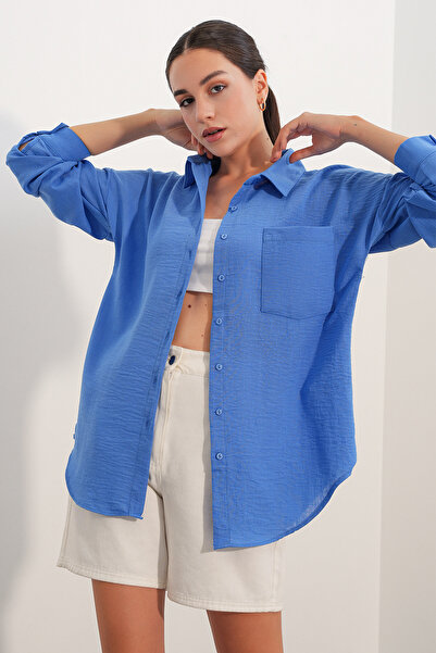 Bigdart 20153 Single Pocket Oversize Linen Shirt - Cobalt Blue
