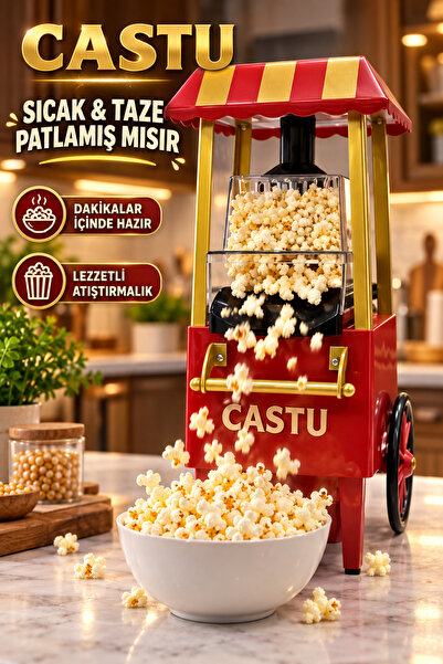 CASTU Mısır Patlatma Makinesi Yeni Nesil Yağsız & Sağlıklı Retro Popcorn Ev-O...