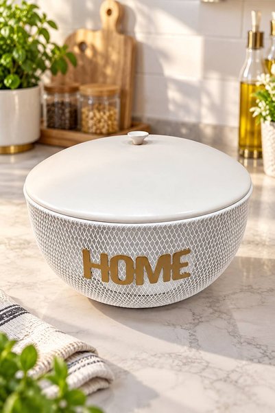 VENON Home Yazılı BEYAZ || RİYAD Kapaklı Metal Meyve Sebzelik Sepeti Gold Dekoratif Mutfak Organizeri Dekoratif Meyve Sepeti Masaüstü Meyvelik Tezgah Üstü Sunumluk Metal Meyve Kasesi Ekmeklik || KAPAKLI ||