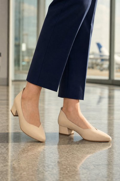 SAYL Beige Genuine Leather V-Cut Short Block Heeled Women's Shoes