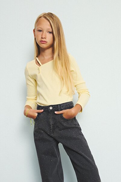 DeFacto Cotton Boat Neck Ribbed Long Sleeve Light Yellow T-Shirt Girl Child I...