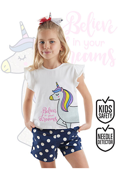 Denokids Σετ καλοκαιρινό μπλουζάκι για κορίτσια μονόκερος πουά με σορτς ποπλίνα