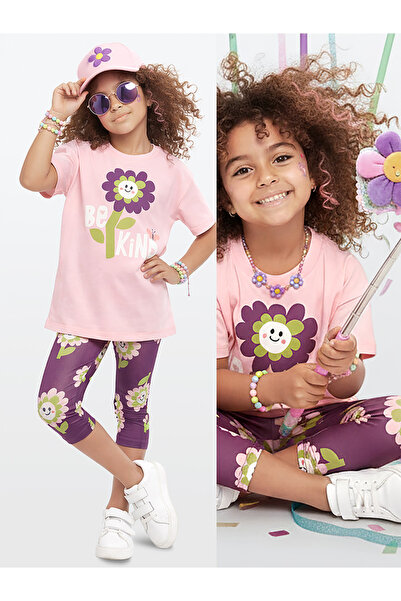 Denokids Kız Çocuk Takım Çiçekli T-shirt Tayt İlkbahar Yaz 3-10 Yaş