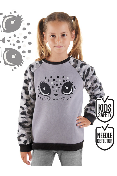Denokids Κοριτσίστικο χειμωνιάτικο φούτερ με λεοπάρ σχέδιο, βελούδινο γκρι μα...