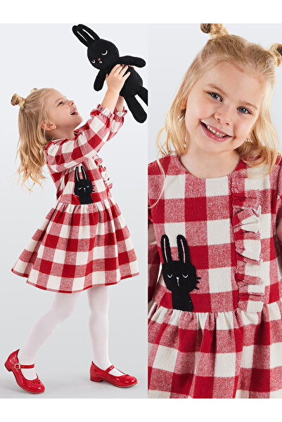 Denokids Black Rabbit Red Plaid Girls Elastic Dress with Sleeves