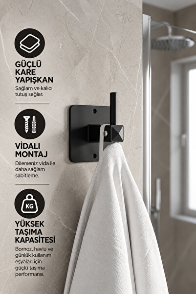 MultiStore Siyah Kare Yapışkanlı Tekli Kanca Bornoz Banyo Askısı Delmeden Kullanım