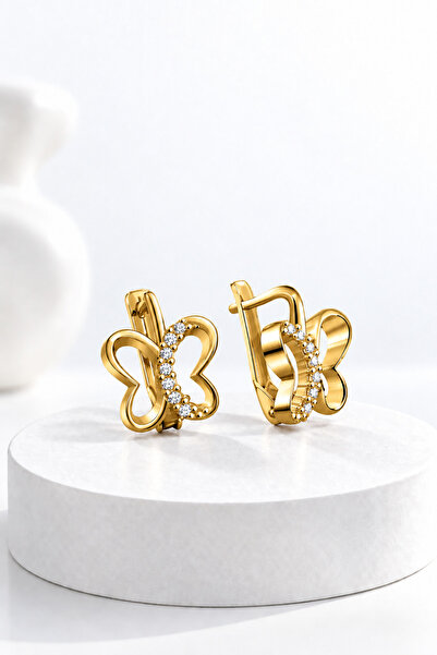 jelux silver Gümüş 925 Ayar Kelebek Desenli Rose Renkli Taşlı Çocuk Gold Küpe