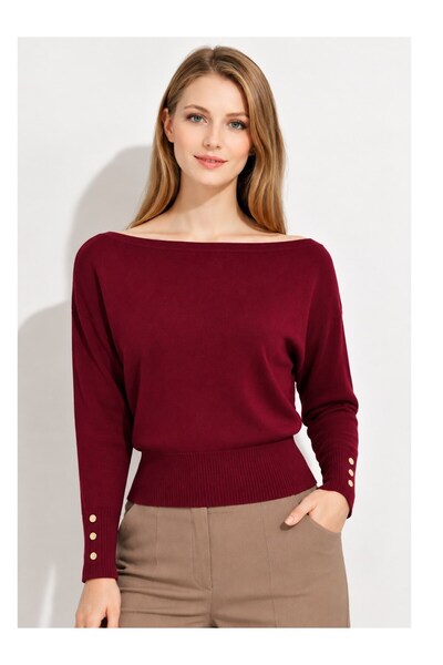 Irmak Kerekli Women's Boat Neck Bat Sleeve Waist-Fitted Knitwear Sweater 1411...