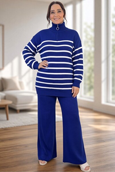 yagmurberen Front Half Zippered Striped Patterned 100% Acrylic Fabric Plus Si...