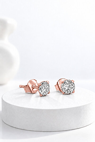 jelux silver Gümüş 925 Ayar 4 mm Tek Zirkon Taşlı Rose Çivili Küpe
