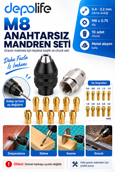 Depolife Gravür makinesi için Madren keyless M8 Anahtarsız başlık ve chuck se...
