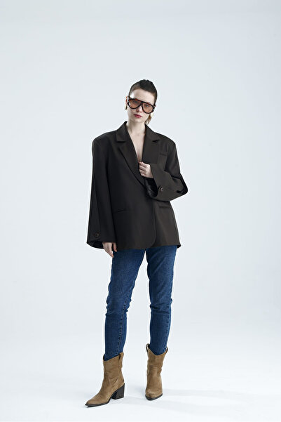 GACA COLLECTION Manarola Oversize Kahverengi Blazer Ceket - Açık/Kesik Kol De...