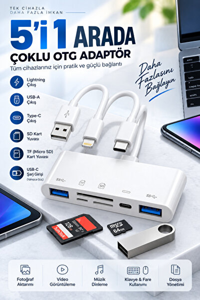 MATECHNO 5 in 1 Lightning Usb-A Type-C Çıkışlı Çoklu OTG Çevirici Adaptör SD TF Kart Okuyucu USB Hub