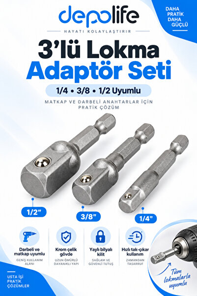 Depolife Bits Lokma Adaptörü Matkap Soket Adaptörü Hex Shank Soket El Lokma S...