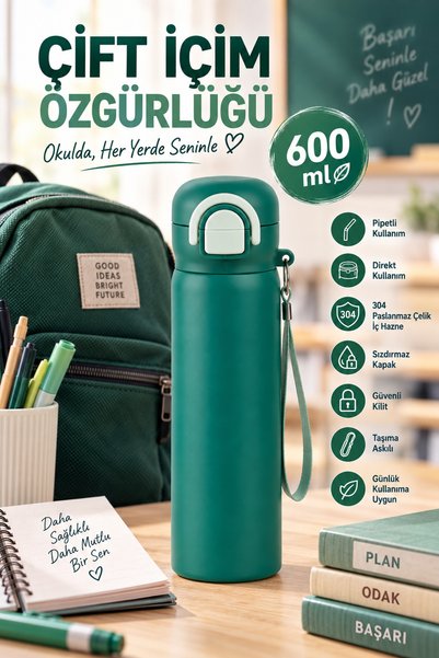 VEROKSA Siply 600 ml Steel Water Bottle – 304 Stainless Steel, Double Drinking, Colorful Water Bottle with Lock Button, Children and Adults