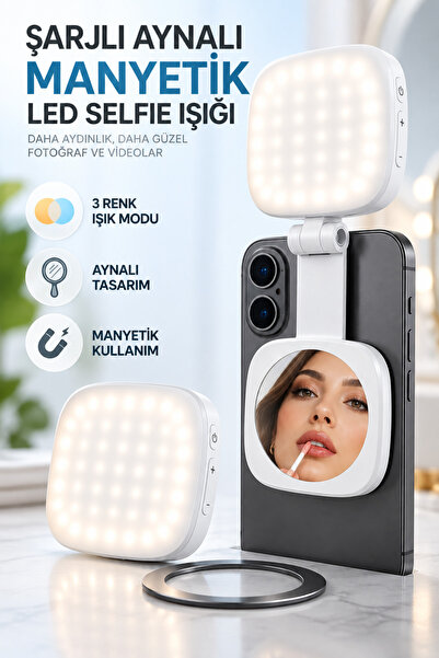 MATECHNO Şarjlı Aynalı Manyetik LED Selfie Işığı 3 Renk Modlu Telefon Video Ç...