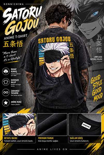 FG KONNİCHİWA Jujutsu Kaisen Anime Printed Unisex Black Tshirt Gojo Ryomen Su...