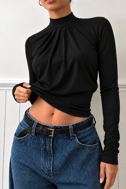 ecemore Half Turtleneck Long Sleeve Black Blouse