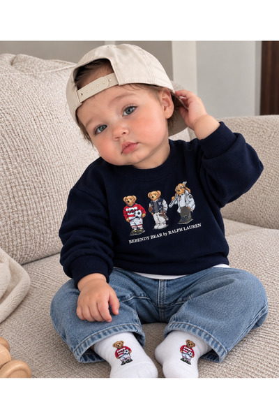 Bolly Baby Ayıcık Baskılı Sweatshirt ÇORAPLI Likralı Kot Pantolon 3lü Erkek B...