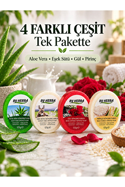 By Herba Natural Sponge Soap 4 Pack (Donkey Milk, Rice, Rose and Aleo Vera)