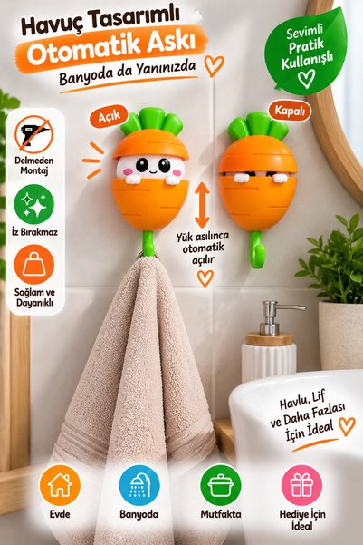 tafce Carrot Design Automatic Opening Adhesive Hanger with Panda Figure Key Towel Bag Bathroom Kitchen Wall Hanger