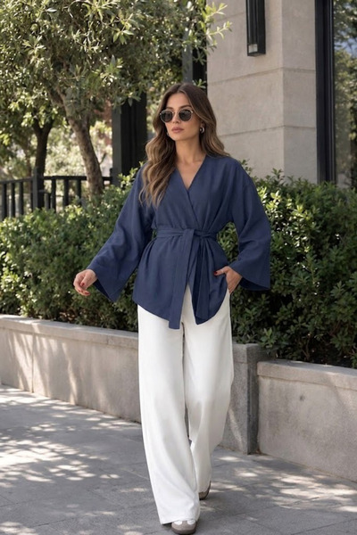 QBZ Oversize Linen Kimono with One Button Belt