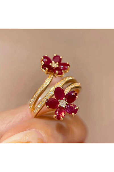 Choice resizable ZA0893-1 Stylish Delicate Flower Red Color Set Zirconia Ring...